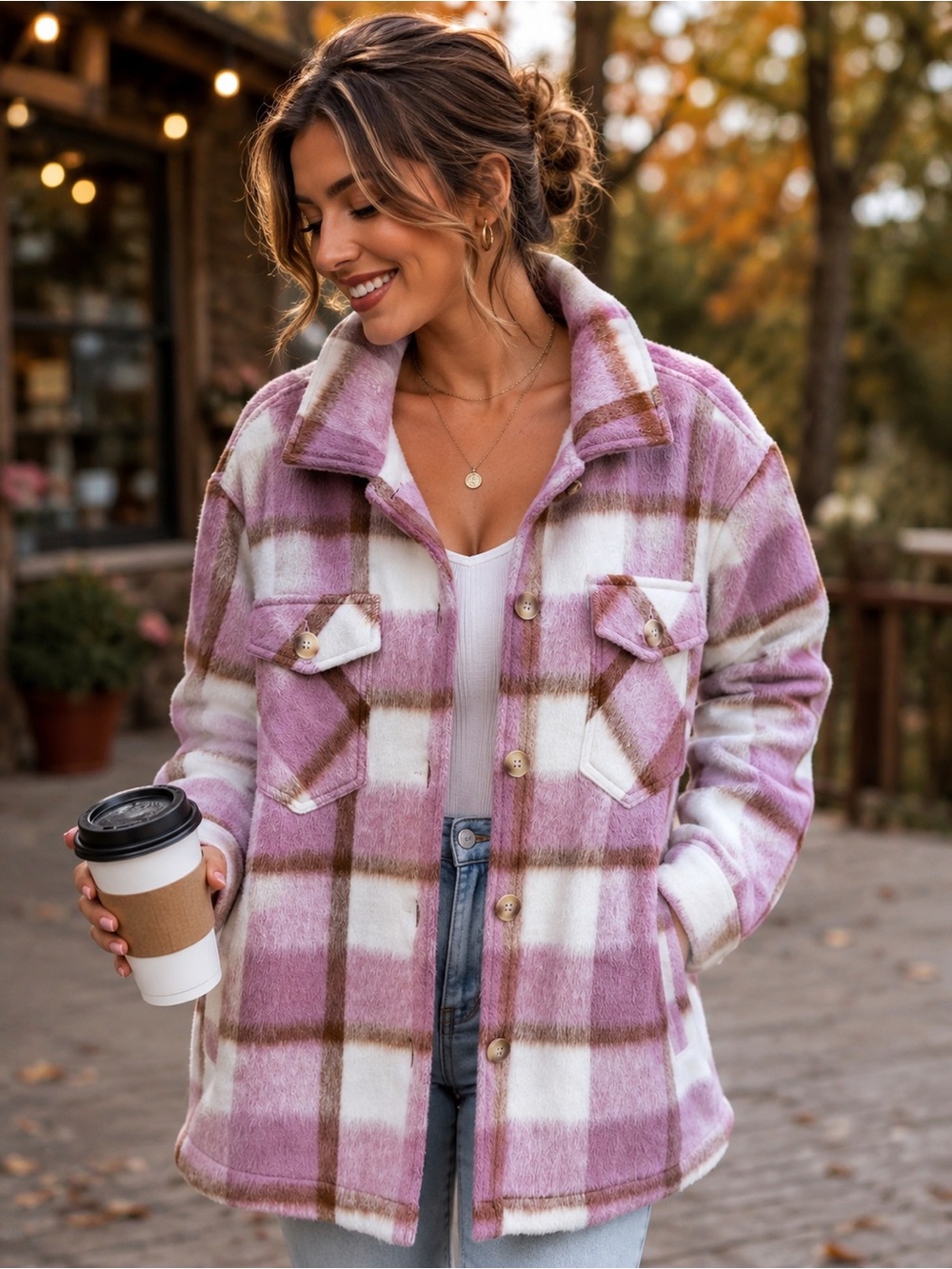 Cozy flannel Plaid Shacket large Pink Brown Oversized Fall Jacket NWT autumn